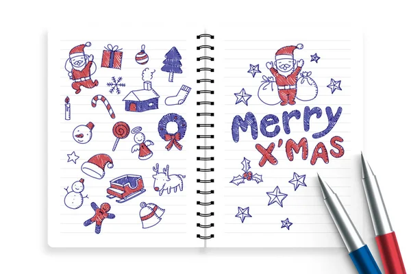 Caderno Canetas Com Criança Menino Mão Desenho Conjunto Feliz Mas — Vetor de Stock