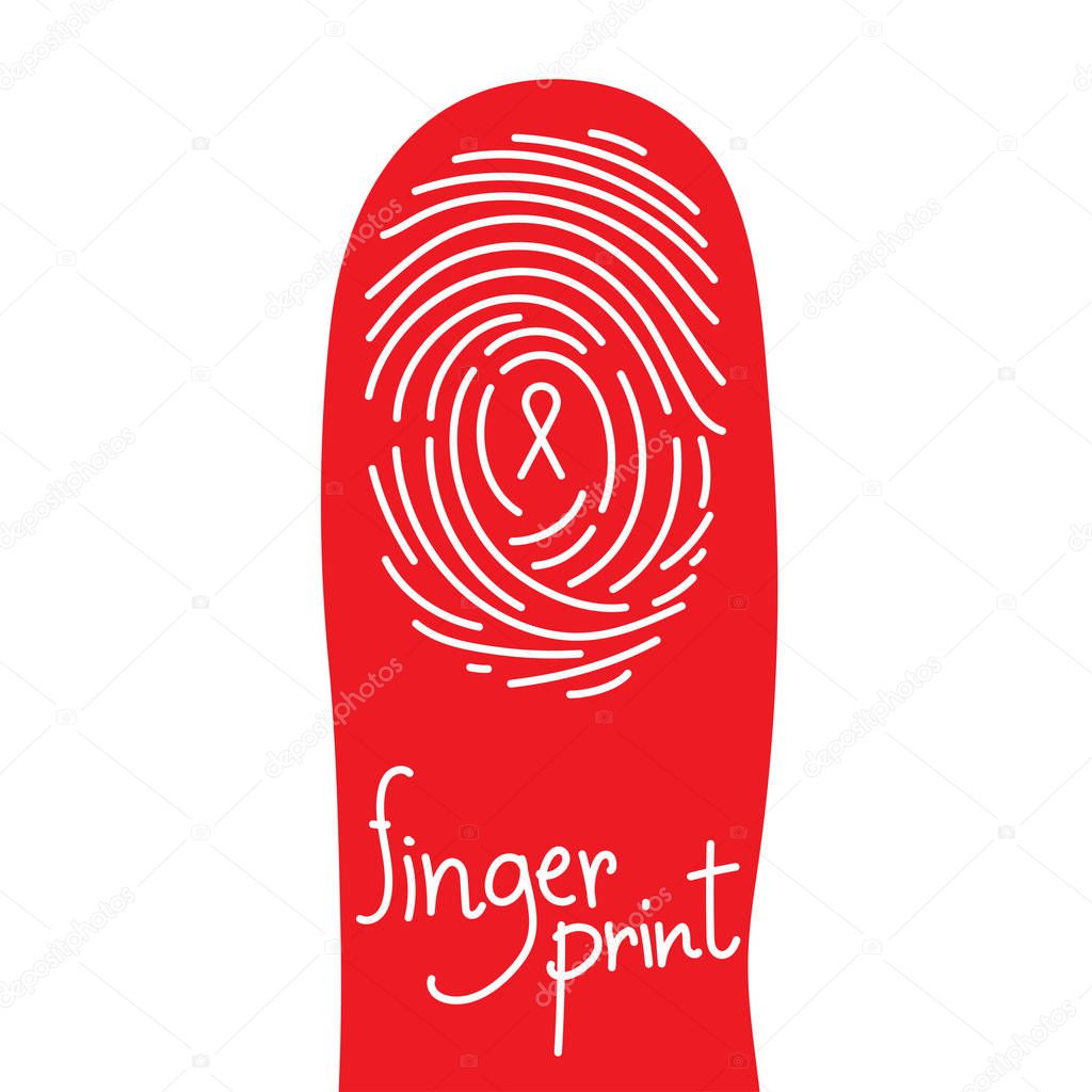 Fingerprint scan on finger silhouette set with Red Ribbon symbol, AIDS awareness concept idea illustration isolated on white background, and Fingerprint text with copy space