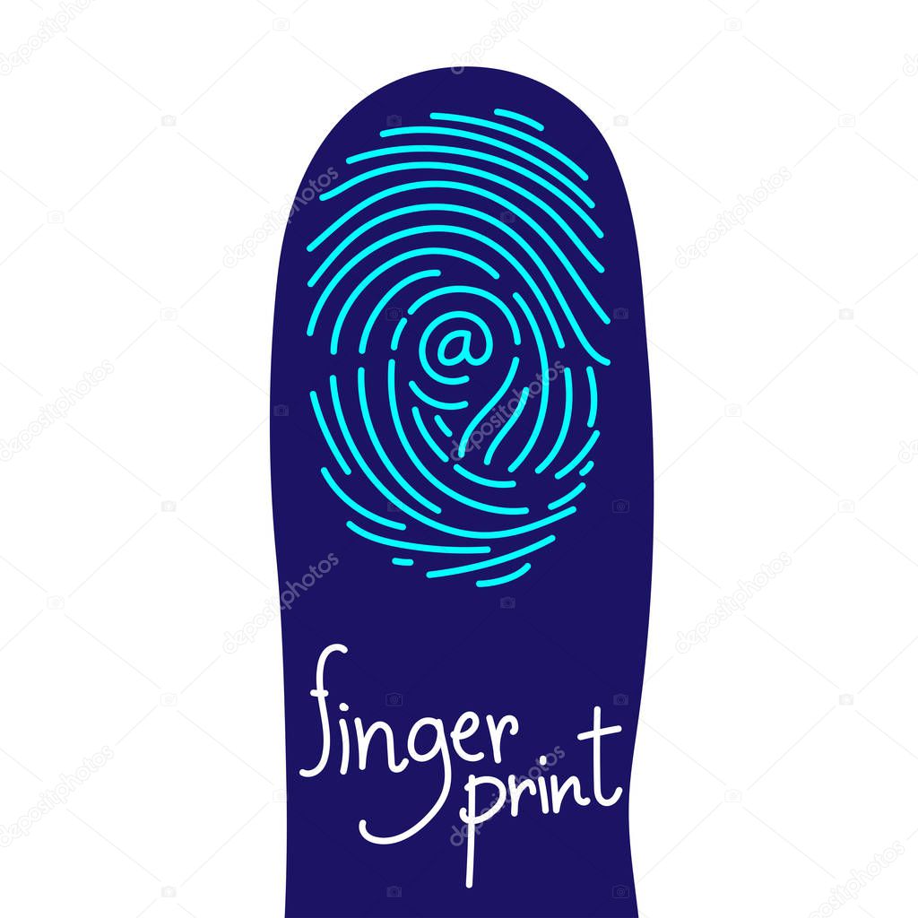 Fingerprint scan on finger silhouette set with At sign symbol concept idea illustration isolated on white background, and Fingerprint text with copy space
