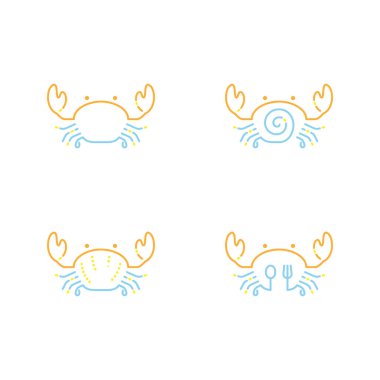 Yengeç simgesi anahattı kontur beyaz arka plan üzerinde vektör eps10 izole çizgi çizgi tasarım illüstrasyon turuncu sarı ve mavi rengi ayarla