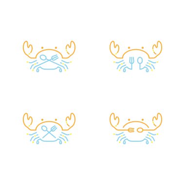 Yengeç simgesi anahattı kontur beyaz arka plan üzerinde vektör eps10 izole çizgi çizgi tasarım illüstrasyon turuncu sarı ve mavi rengi ayarla