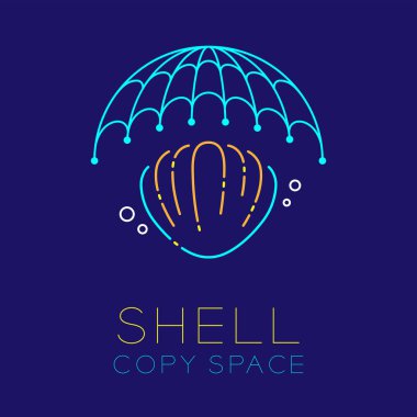 Kabuklu deniz ürünleri, balıkçılık net ve hava kabarcık logo simge anahattı kontur çizgi çizgi tasarım illüstrasyon izole kabuk metin ve kopya alanı koyu mavi zemin üzerine ayarla