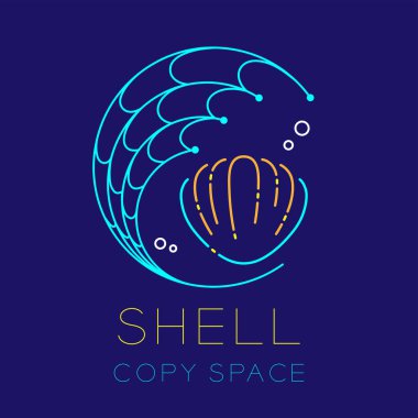 Kabuklu deniz ürünleri, balıkçılık net daire şekli ve hava kabarcık logo simge kontur set çizgi çizgi tasarım illüstrasyon izole kabuk metin ve kopya alanı koyu mavi zemin üzerine anahat