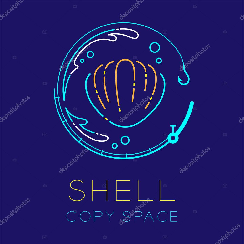 Shellfish, Fishing rod circle shape, Water splash and Air bubble logo icon outline stroke set dash line design illustration isolated on dark blue background with Shell text and copy space