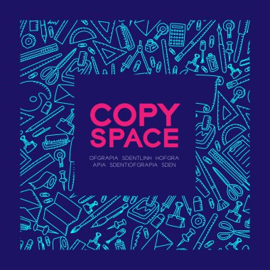 Sabit çocuklar çizim set desen arka planda kare çerçeve illüstrasyon koyu mavi renk zemin, merkezi kopya alanı üzerine izole el