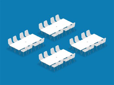 Toplantı odası kurulum düzeni yapılandırma ziyafet izometrik stil illüstrasyon, perspektif gölgeli mavi renk arka plan üzerinde 3d