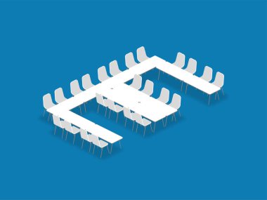 Toplantı odası kurulum düzeni yapılandırma E şekil izometrik stil illüstrasyon, perspektif gölgeli mavi renk arka plan üzerinde 3d