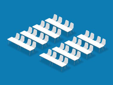 Toplantı odası kurulum düzeni yapılandırma sınıf izometrik stil illüstrasyon, perspektif gölgeli mavi renk arka plan üzerinde 3d