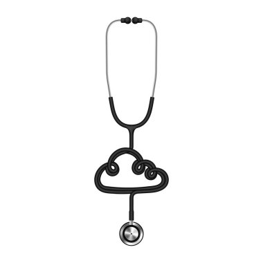 Kopya alanı ile beyaz arka plan üzerinde izole kablosu üzerinden yapılan stetoskop siyah renk ve bulut işareti simgesi