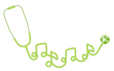 Kopya alanı ile beyaz arka plan üzerinde izole kablosu üzerinden yapılan stetoskop yeşil renk ve müzik not işareti simgesi