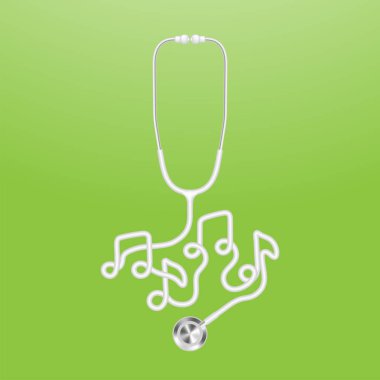 Yeşil degrade arka plan üzerinde kopya alanı ile izole kablosu üzerinden yapılan stetoskop beyaz renk ve müzik not işareti simgesi