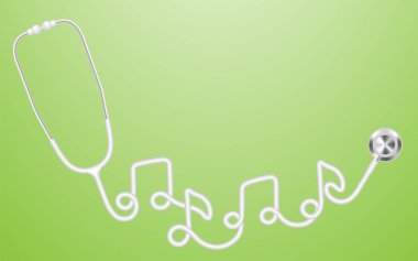 Yeşil degrade arka plan üzerinde kopya alanı ile izole kablosu üzerinden yapılan stetoskop beyaz renk ve müzik not işareti simgesi