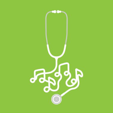 Kopya alanı ile yeşil zemin üzerine izole kablosu üzerinden yapılan stetoskop beyaz renk ve müzik not işareti simgesi