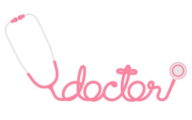 Stetoskop pembe renk ve Doktor metin kopya alanı ile beyaz arka plan üzerinde izole kablosu düz tasarım yapılmış