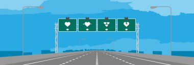 Kalp sembol Sevgililer konsept tasarımı kopya alanı ile mavi gökyüzü arka plan üzerinde gündüz çizimlerdeki ile karayolu ya da otoyol ve yeşil tabela