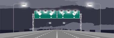 Kalp sembol Sevgililer konsept tasarımı, kopya alanı ile karanlık gökyüzü arka plan üzerinde gece illüstrasyonlar ile karayolu ya da otoyol ve yeşil tabela