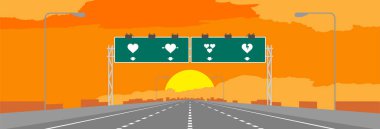 Highway or motorway and green signage with heart symbol valentine concept design in surise or sunset time illustrations on orange sky background, with copy space clipart