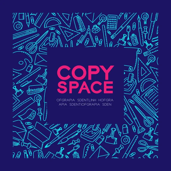 Sabit çocuklar çizim set desen arka planda kare çerçeve illüstrasyon koyu mavi renk zemin, merkezi kopya alanı üzerine izole el