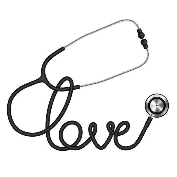 Stetoscopio Colore Nero Amore Testo Realizzato Con Cavo Isolato Sfondo — Vettoriale Stock