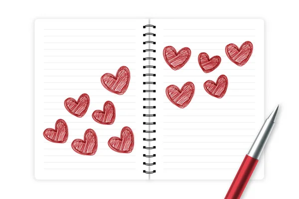 Harten Liefde Paar Symbool Hand Tekenen Door Pen Schets Rode — Stockvector