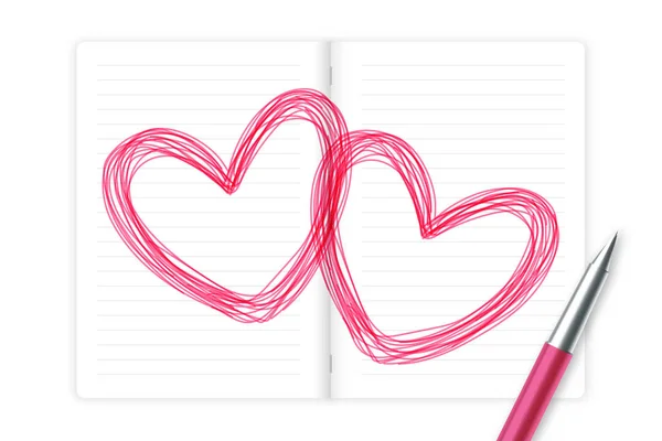 Srdce Lásky Pár Symbolu Ruka Kreslení Náčrtu Růžové Barvy Notebookem — Stockový vektor
