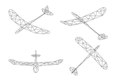 Planör uçak ve bulut tel kafes düşük Çokgen ayarla, düzenlenebilir kontur tasarım illüstrasyon izole beyaz zemin üzerine, vektör eps 10