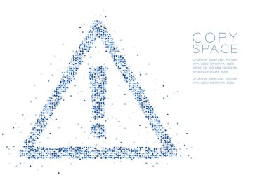 Soyut geometrik daire nokta piksel deseni dikkat işareti üçgen şeklini, Emanet ilk kavramı mavi renk tasarlamak kopya alanı beyaz zemin üzerine, vektör