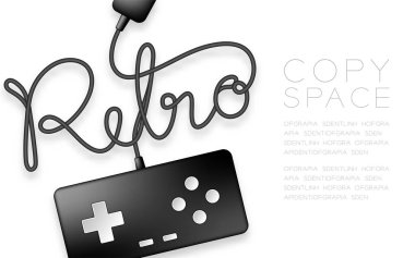 Kopya alanı ile beyaz arka plan üzerinde gamepad veya joypad siyah renk ve Retro metin kablosu tasarlamak yapılan izole