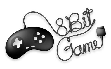 Gamepad veya joypad siyah renk ve 8 bit oyun metin kablo tasarım illüstrasyon izole kopya alanı ile beyaz zemin üzerine yapılan