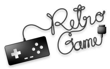 Gamepad veya joypad siyah renk ve kablo tasarım illüstrasyon izole kopya alanı ile beyaz zemin üzerine yapılmış Retro oyun metin