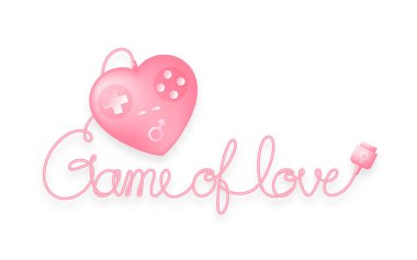 Erkek, kadın cinsiyet sembolü ve oyun kablo, Sevgililer konsept tasarım illüstrasyon izole kopya alanı ile beyaz zemin üzerine yapılan aşk metin ile gamepad veya joypad kalp şekli pembe renk