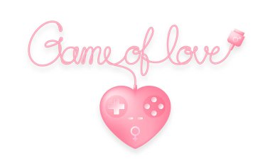 Erkek, kadın cinsiyet sembolü ve oyun kablo, Sevgililer konsept tasarım illüstrasyon izole kopya alanı ile beyaz zemin üzerine yapılan aşk metin ile gamepad veya joypad kalp şekli pembe renk