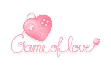 Erkek, kadın cinsiyet sembolü ve oyun kablo, Sevgililer konsept tasarım illüstrasyon izole kopya alanı ile beyaz zemin üzerine yapılan aşk metin ile gamepad veya joypad kalp şekli pembe renk