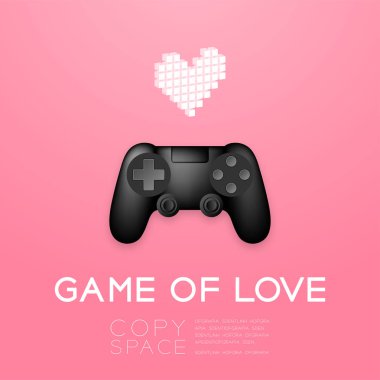 Kalp simgesi, aşk kavramı tasarım illüstrasyon izole pembe degrade arka plan üzerinde kopya alanı ile oyunun gamepad veya joypad siyah renk ve piksel