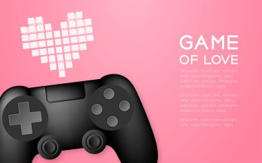 Kalp simgesi, aşk kavramı tasarım illüstrasyon izole pembe degrade arka plan üzerinde kopya alanı ile oyunun gamepad veya joypad siyah renk ve piksel