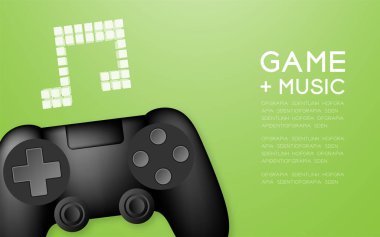 Gamepad veya joypad piksel müzik not sembol tasarlamak yeşil degrade arka plan üzerinde kopya alanı ile izole ile renk siyah