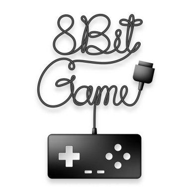Gamepad veya joypad siyah renk ve 8 bit oyun metin kablo tasarım illüstrasyon izole kopya alanı ile beyaz zemin üzerine yapılan