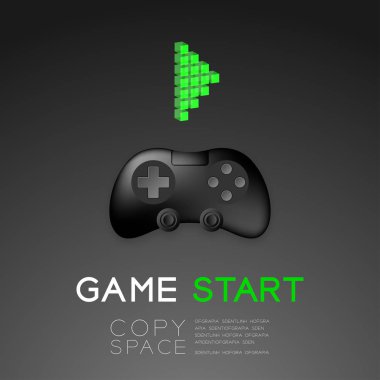 Gamepad veya joypad siyah renk ve piksel sembolü oynamak, illüstrasyon izole kopya alanı ile siyah degrade zemin üzerine tasarım