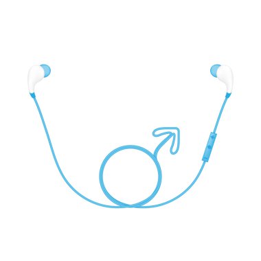 Kulaklıklar kablosuz ve uzak, içinde kulak tipi mavi renk ve erkek cinsiyet sembol kablo yapılan kopya alanı ile beyaz arka plan üzerinde izole