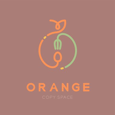 Kaşık ve çatal logo simge anahattı kontur ile turuncu meyve tasarlamak turuncu metin ve kopya alanı, vektör eps10 ile pembe arka plan üzerinde izole ayarla