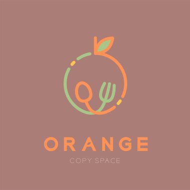 Kaşık ve çatal logo simge anahattı kontur ile turuncu meyve tasarlamak turuncu metin ve kopya alanı, vektör eps10 ile pembe arka plan üzerinde izole ayarla