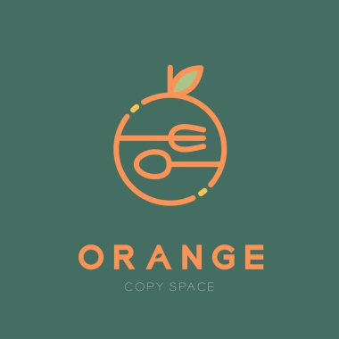 Kaşık ve çatal logo simge anahattı kontur ile turuncu meyve tasarlamak turuncu metin ve kopya alanı, vektör eps10 yeşil zemin üzerine izole ayarla