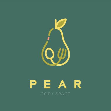 Kaşık ve çatal logo simge anahattı kontur ile armut meyve tasarım illüstrasyon izole armut metin ve kopya alanı, vektör eps10 yeşil zemin üzerine ayarla