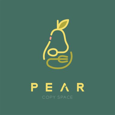 Kaşık ve çatal logo simge anahattı kontur ile armut meyve tasarım illüstrasyon izole armut metin ve kopya alanı, vektör eps10 yeşil zemin üzerine ayarla