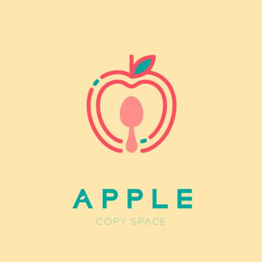 Elma meyve kaşık logo simge anahattı kontur ile tasarım illüstrasyon izole Apple metin ve kopya alanı, vektör eps10 krem zemin üzerine ayarla