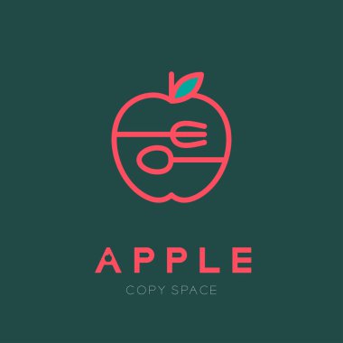 Kaşık ve çatal logo simge anahattı kontur ile elma meyve elma metin ve kopya alanı, vektör eps10 yeşil zemin üzerine izole tasarlamak ayarla