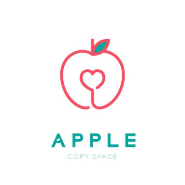 Elma meyve kalp logo simge anahattı kontur ile tasarım illüstrasyon izole Apple metin ve kopya alanı, vektör eps10 beyaz zemin üzerine ayarla