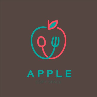 Elma meyve kaşık ve çatal logo simge anahattı kontur ile tasarım illüstrasyon izole kahverengi zemin elma metin ve kopya alanı, vektör eps10 üzerine ayarla
