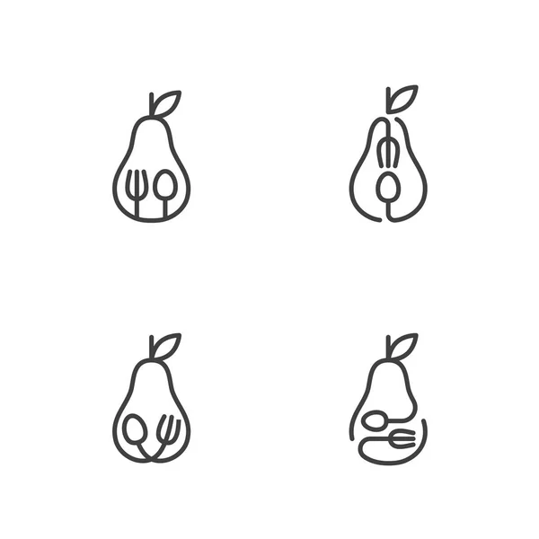 Icônes Fruits Poire Contour Course Set Design Illustration Noir Blanc — Image vectorielle