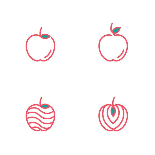 Apple Frutta Icone Contorno Tratto Set Disegno Illustrazione Isolato Sfondo — Vettoriale Stock